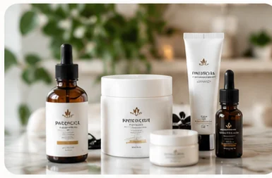 Illustrative wellness product packaging displayed on a counter; not actual inventory