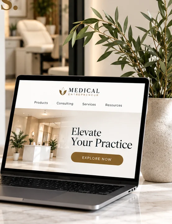 Warm, inviting healthcare business workspace with laptop and plants